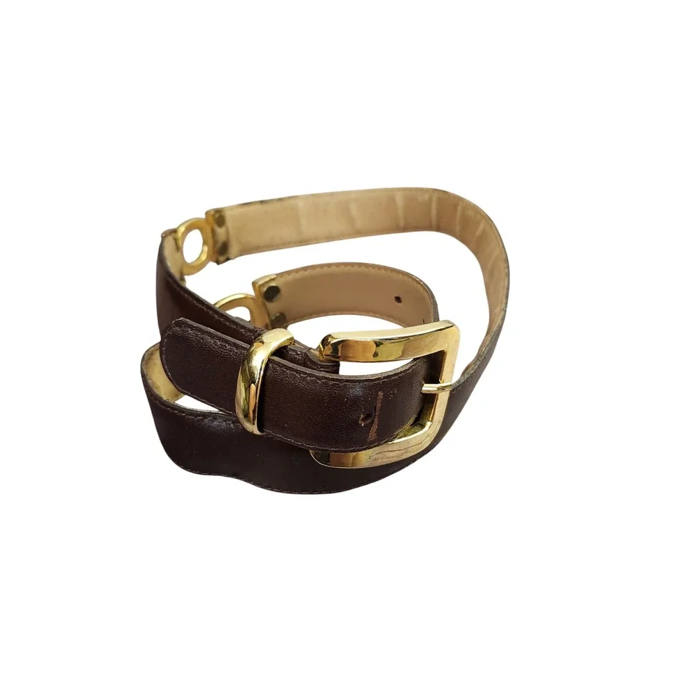 Classic Dark Brown Genuine Leather Belt with Gold Ring Accents Sz L Dk Academia‎